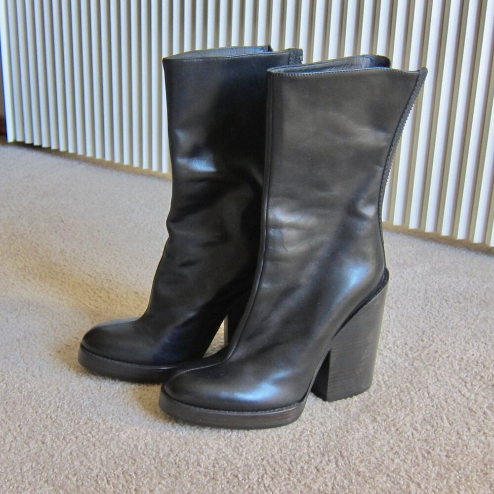 HAIDER ACKERMANN Black Mid Calf Leather Chunky Block Heel Grunge Boots $530 - Picture 2 of 10